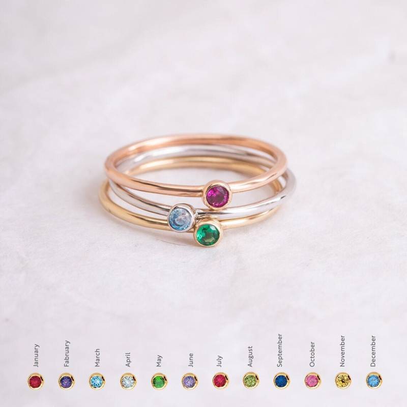 stapeln Bandring Mit Birthstones 14K 18K Massivgold, Benutzerdefinierte Einfacher Ist Einzel, Doppel Oder Dreifach, Perfektes Geschenk Für Frauen von NameJewelryGold