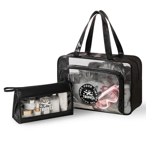 Namenand 2 Stück Kosmetiktasche Transparent, Wasserdicht PVC Kulturbeutel kulturtasche, Make-up-Tasche mit großer Kapazität, Reisezubehör für Damen, Herren, Kinder, Familie (Klein, Groß) - Schwarz von Namenand