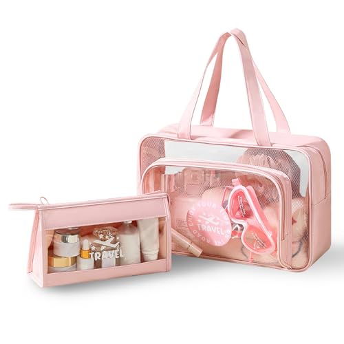 Namenand 2 Stück Kosmetiktasche Transparent, Wasserdicht PVC Kulturbeutel kulturtasche, Make-up-Tasche mit großer Kapazität, Reisezubehör für Damen, Herren, Kinder, Familie (Klein, Groß) - Rosa von Namenand