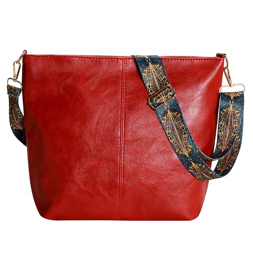 Namenand Umhängetasche Damen Große Leder Crossbody Bag Damen Moderne Taschen mit Breiter Gurt Leder Hobo Bag Shopper Tasche mit Abnehmbarem Schultergurt für Alltag, Schulausflug und Einkauf - Rot von Namenand