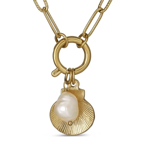 18 Karat vergoldete Edelstahl-Kette Glieder-Muschel-Halskette mit Perle, 45,7 cm 18 Karat vergoldete Edelstahl-Kette Glieder-Muschel-Halskette mit Perle, 45,7 cm von Namomi
