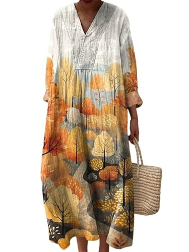 Damen Herbst V-Ausschnitt Langarm Kleid Streifen Blumen Bäume 3D-gedruckt Vintage Midi Rock Resort Strand Urlaub Bademantel Kleider von Namufeitrade