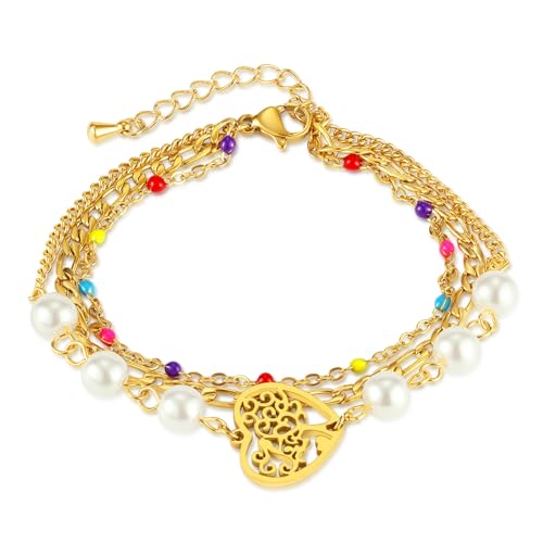 Namzi Handgefertigtes Perlenarmband, geeignet für Männer und Frauen, doppellagiges Armband aus farbigem Stein, Lebensbaum-Armband, Edelstahl, hohles Herz-Perlenarmband (Gold) A von Namzi