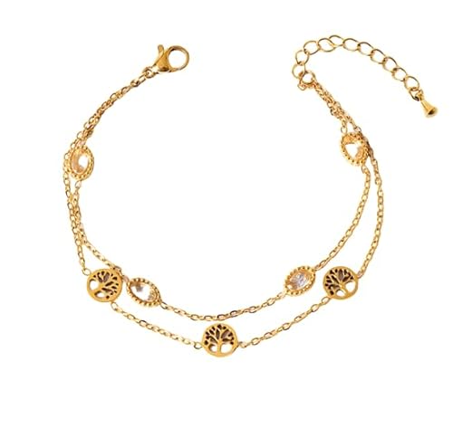 Namzi Handgefertigtes Perlenarmband, geeignet für Männer und Frauen, doppellagiges Diamant-Titanstahl, hohl, Lebensbaum, gefrostet, Schmetterling, Blumenaugen-Armband (Gold, Lebensbaum-Stil) von Namzi