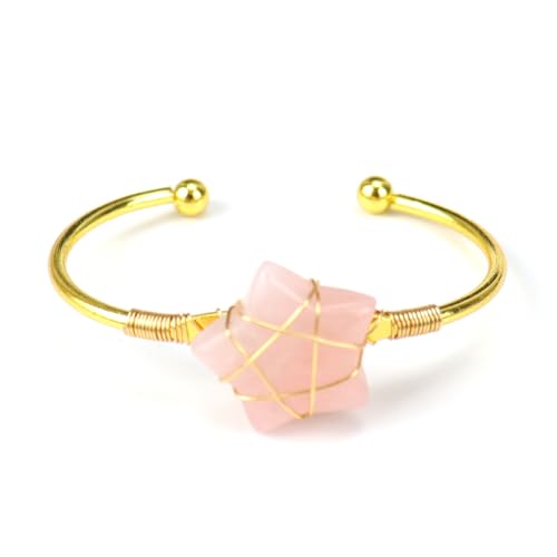 Namzi Handgefertigtes Perlenarmband, geeignet für Männer und Frauen, handgewickelter Naturstein, fünfzackiger Sterne, offenes Armband (Rosa + Gold) von Namzi