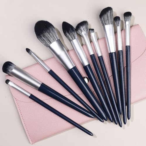 Namzi Make-up-Pinsel-Set, 10 Stück, hochwertige synthetische Grundierung, Puder, Concealer, Lidschatten, Rouge, Nvay Blue Make-up-Pinsel mit rosa Aufbewahrungstasche von Namzi