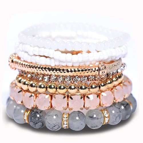 Namzi Stapelbare Perlenarmbänder für Damen, mehrfarbig, dehnbar, mehrfarbig, mehrlagig, verstellbar, Stretch-Armbänder (weiß) von Namzi