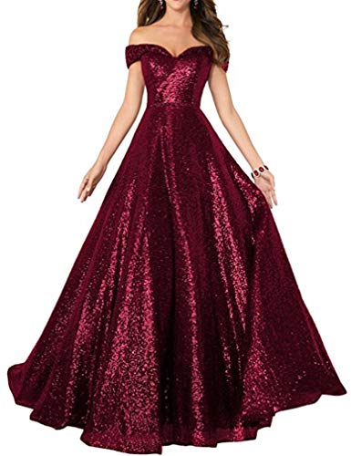 NanGer Damen A Linie Glitzer Ballkleider Von der Schulter Lang Pailletten Abendkleider Formal Party Kleider Burgund 40 von NanGer