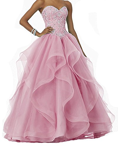 NanGer Damen Träger Ballkleider Lang A Linie Prinzessin Tüll Quinceanera Kleid Glitzer Rosa 34 von NanGer