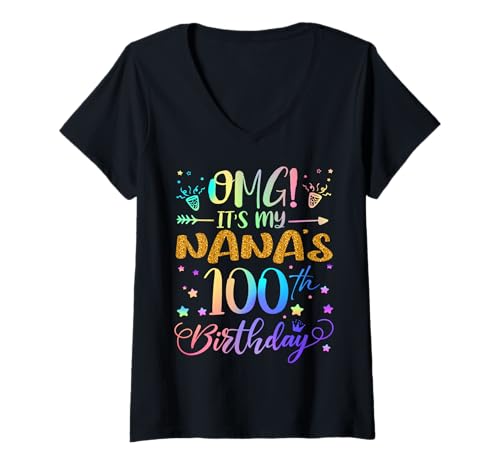 Damen OMG Es ist der 100. Geburtstag meiner Nana, Sweet, 100 Jahre alt T-Shirt mit V-Ausschnitt von Nana 100th Bday Tie Dye Grandchildren