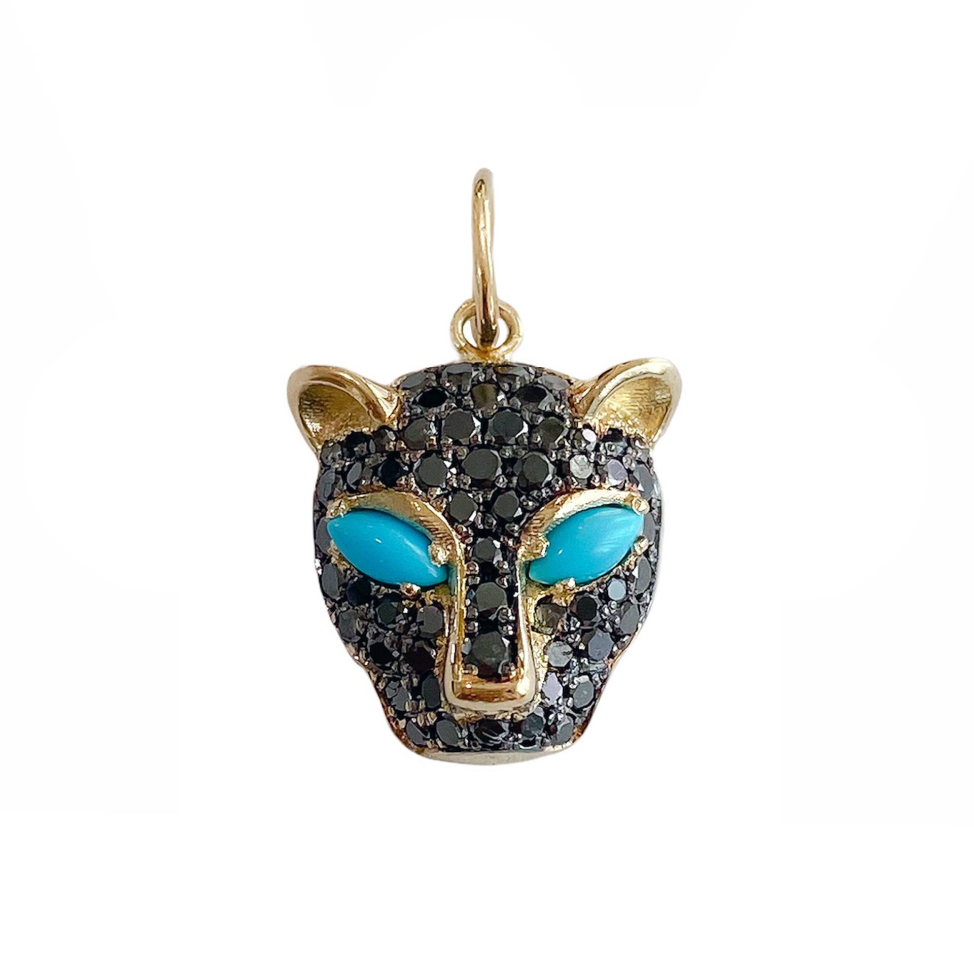 Black Diamond Panther 14K Massivgold Charm-Anhänger | Echtes Türkisfarbenes Marquise-Auge Und Pavé-Diamant Leopard Tiger Feline Charms Für Halsketten von NanaBijou