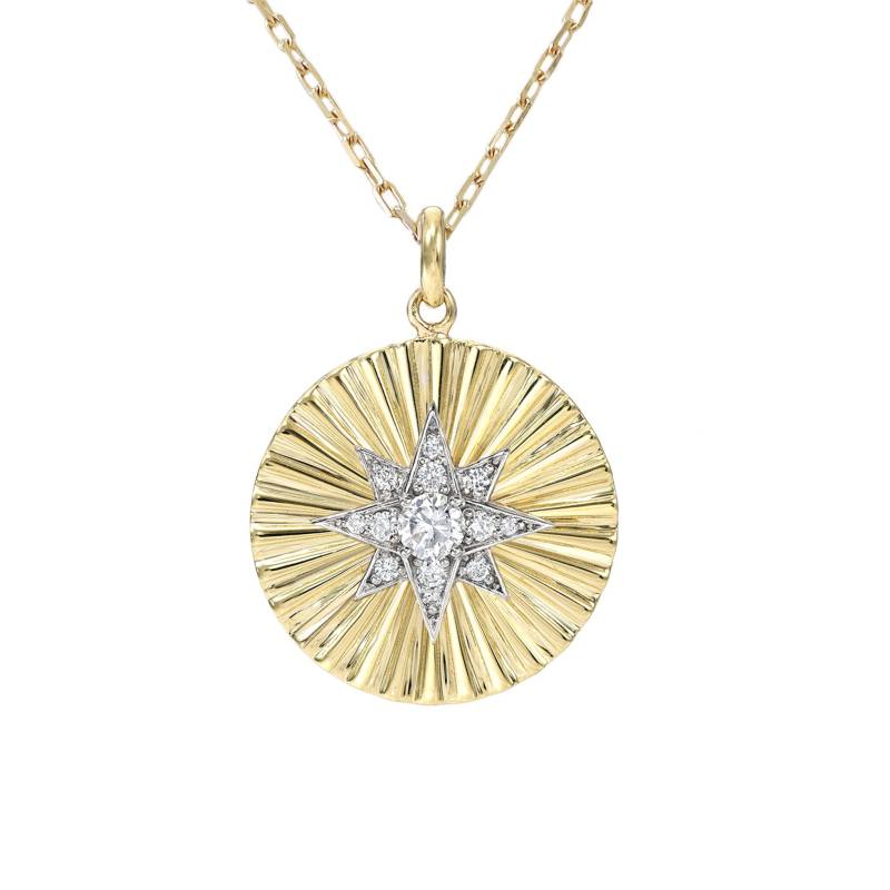 Diamant Starburst 14K Solid Gold Halskette Geriffelte Charme Medaillon Baumeln Anhänger, Groß Sz Stern | Sunburst Celestial Real Natural Diamond von NanaBijou