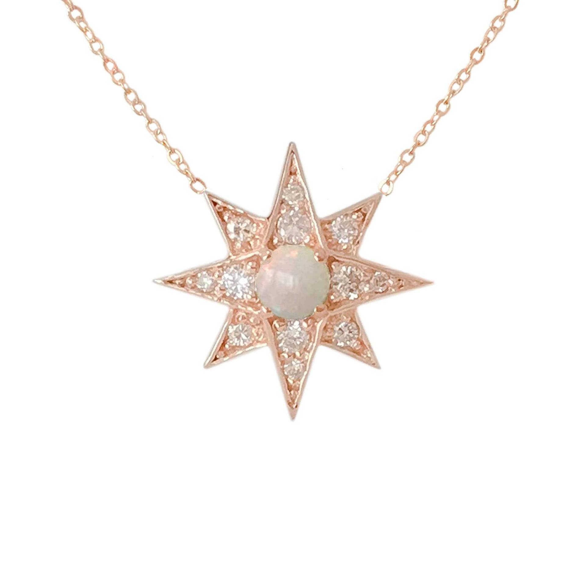 Diamant & Opal Starburst 14K Solid Gold Halskette {Polaris Stern Large Size Charm Anhänger Echter Natürlicher Und Pavé Nordstern} von NanaBijou