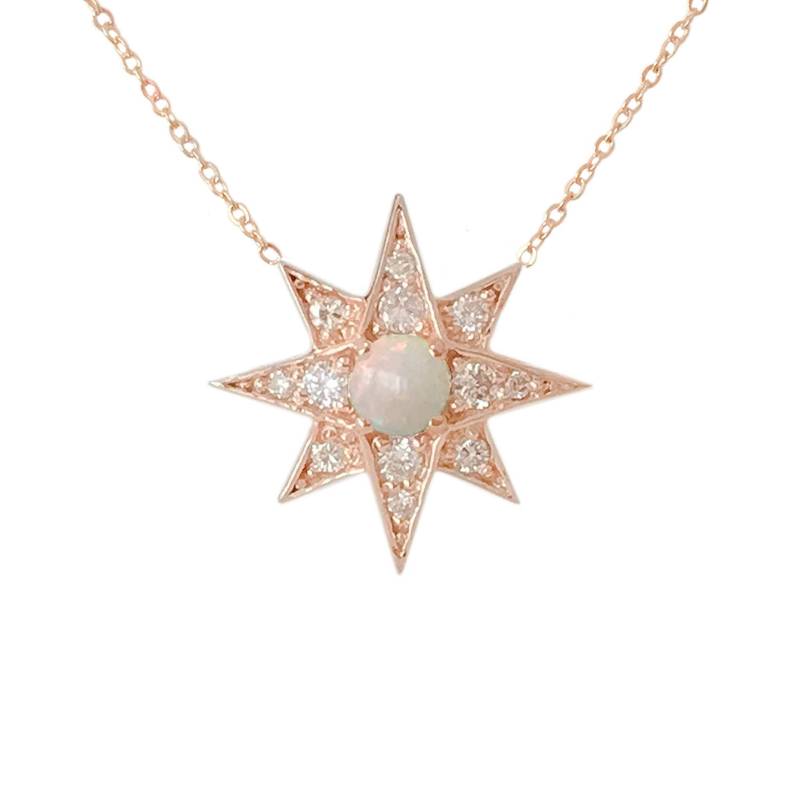 Diamant & Opal Starburst 14K Solid Gold Halskette {Polaris Stern Large Size Charm Anhänger Echter Natürlicher Und Pavé Nordstern} von NanaBijou