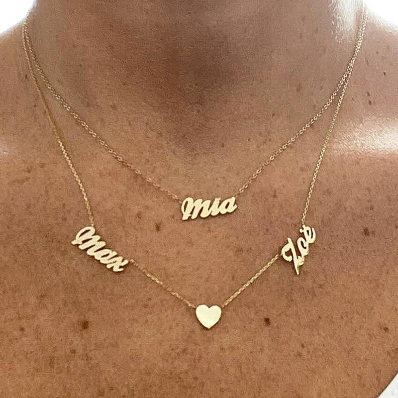 Doppeltes Namensschild 14K Solid Gold Herz Halskette | Einzigartiges Individuelles Echt Detaillierter Script Font Style Anhänger Charm ~ von NanaBijou