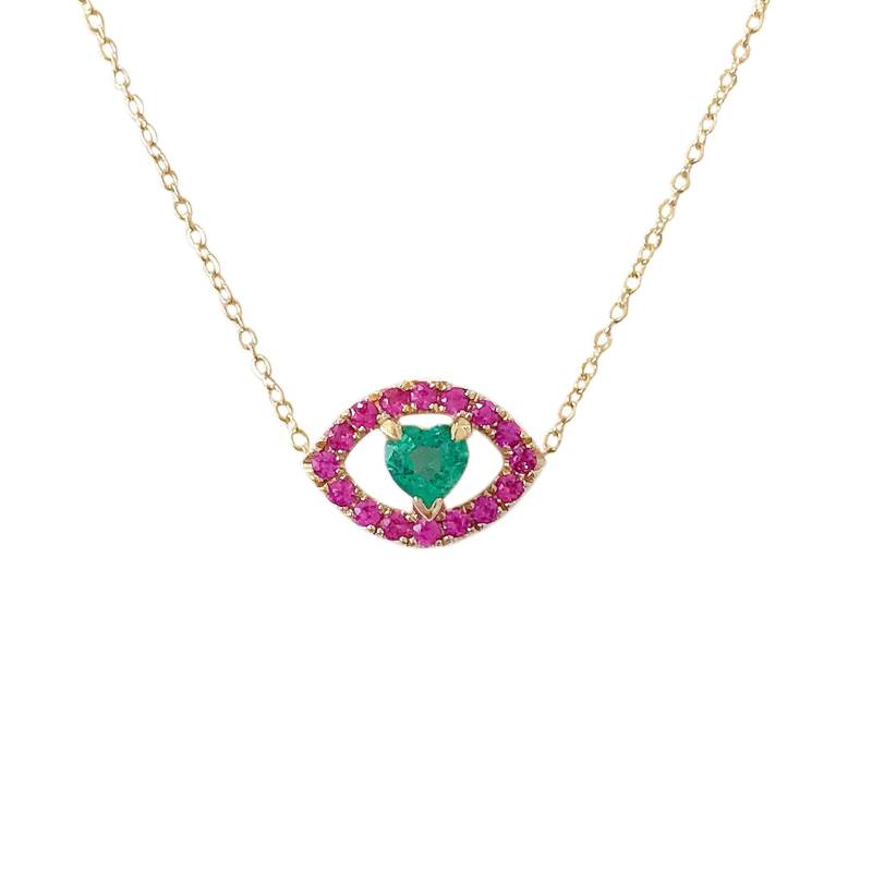 14K Solid Gold Evil Eye Charm Halskette Echtes Natürliches Smaragd Herz & Pink Saphir Glücksanhänger - Auch Ohne Kette Erhältlich von NanaBijou