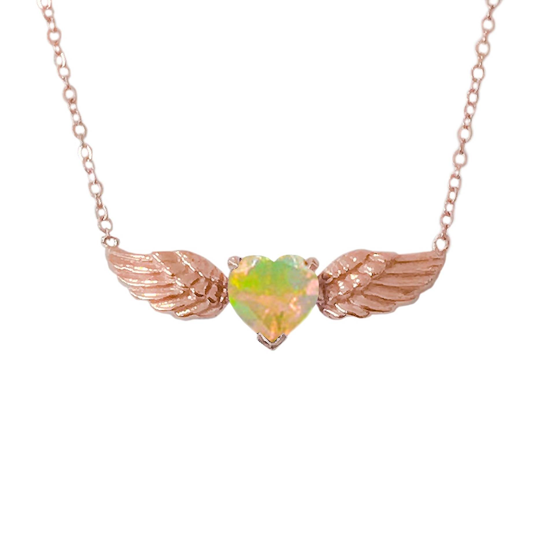 Halskette Mit Fliegendem Herz Aus 14 Karat Massivem Opal | Natürlicher Echter Facettierter Opal-Solitär-Doppelflügel-Herz-Charm-Anhänger von NanaBijou