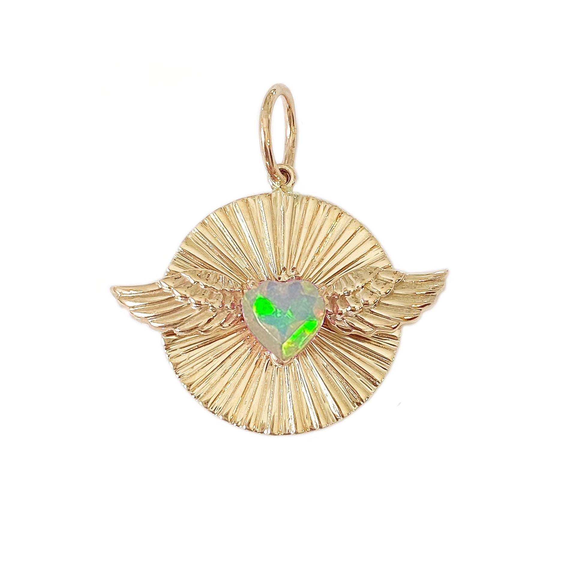 Fliegendes Opalherz 14K Massiv Geriffeltes Medaillon Charm Anhänger | Sonnenstrahl Sunburst Echt Gold Charms, Herz Im Flug ~ Erinnerung Geschenkideen von NanaBijou