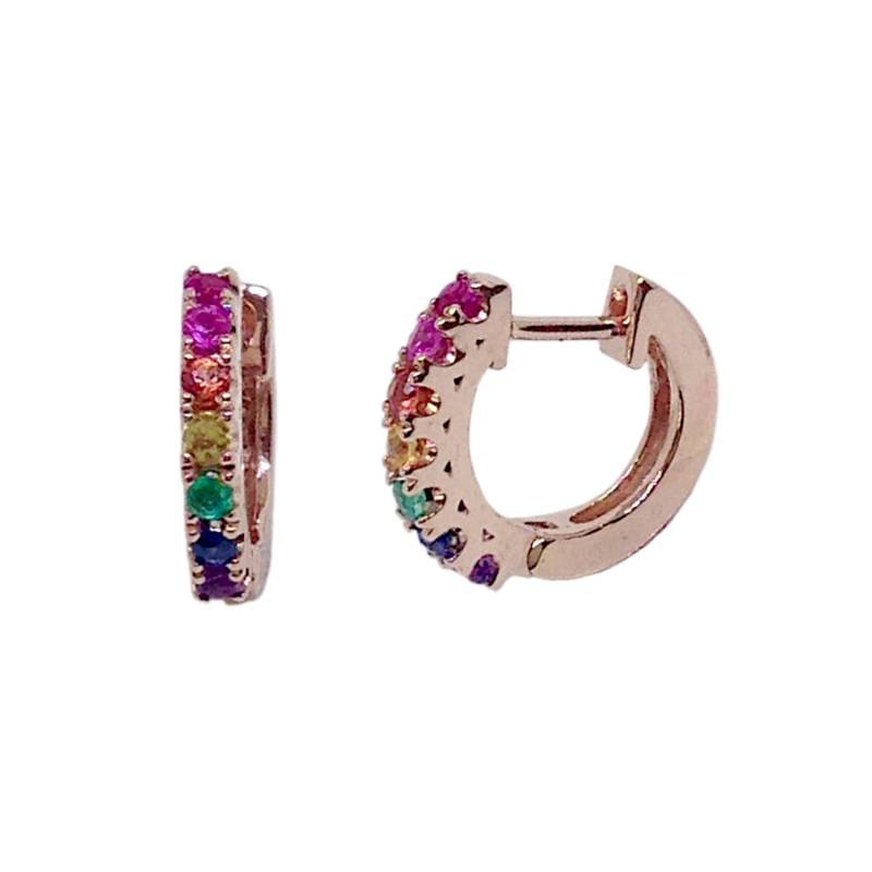 Rainbow Huggie 14K Solid Gold Creolen, 11 Mm Außen X 7 Innendurchmesser | Klapp Dicke Bunte Echte Saphir Edelstein Pavé Creolen 7/16 " von NanaBijou