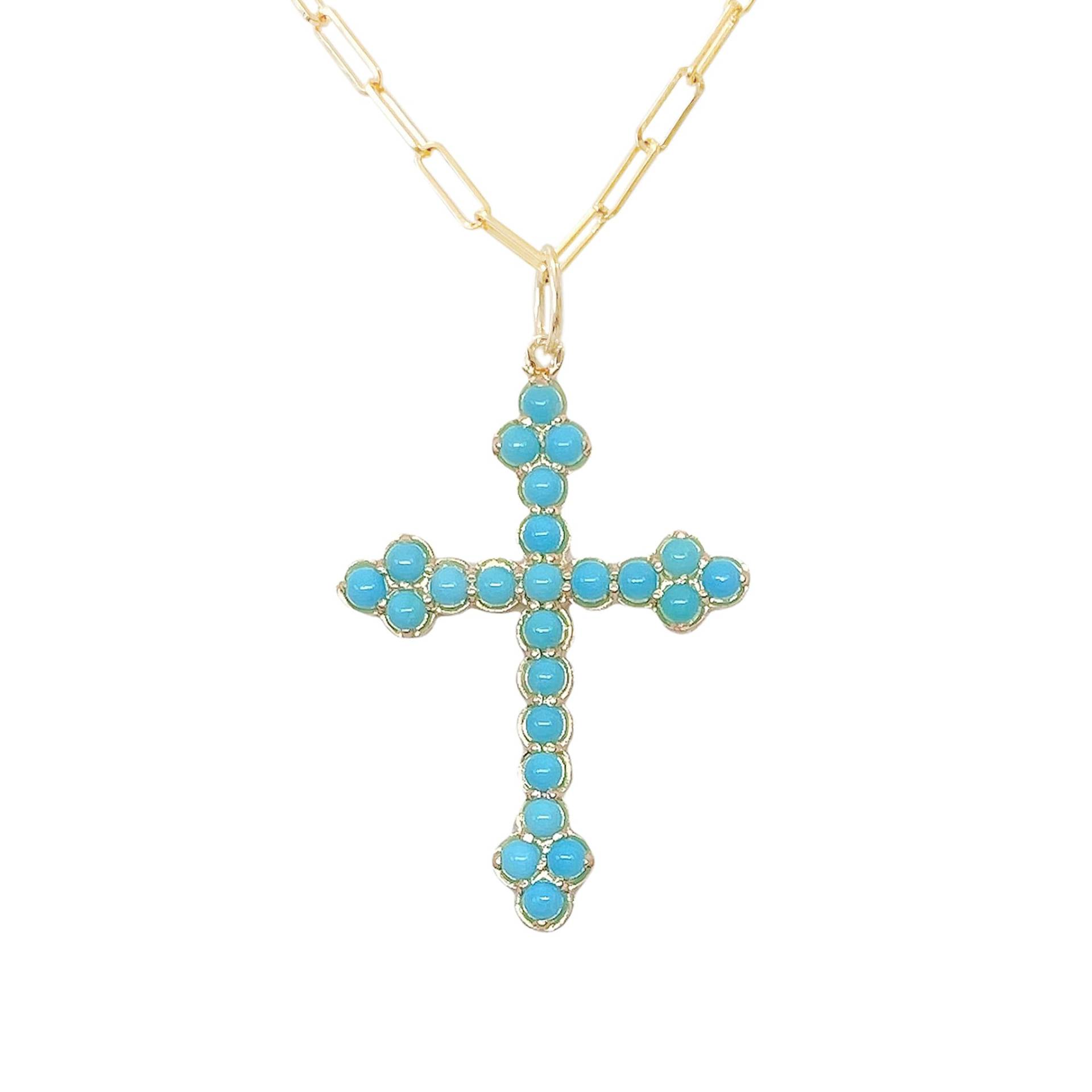 Türkise Kreuz-Charm-Halskette Aus 14-Karat-Massivgold, Große Größe | Echttürkis-Gems-Gothic-Dreifaltigkeitskreuz-Anhänger, Erhältlich Als Charm von NanaBijou