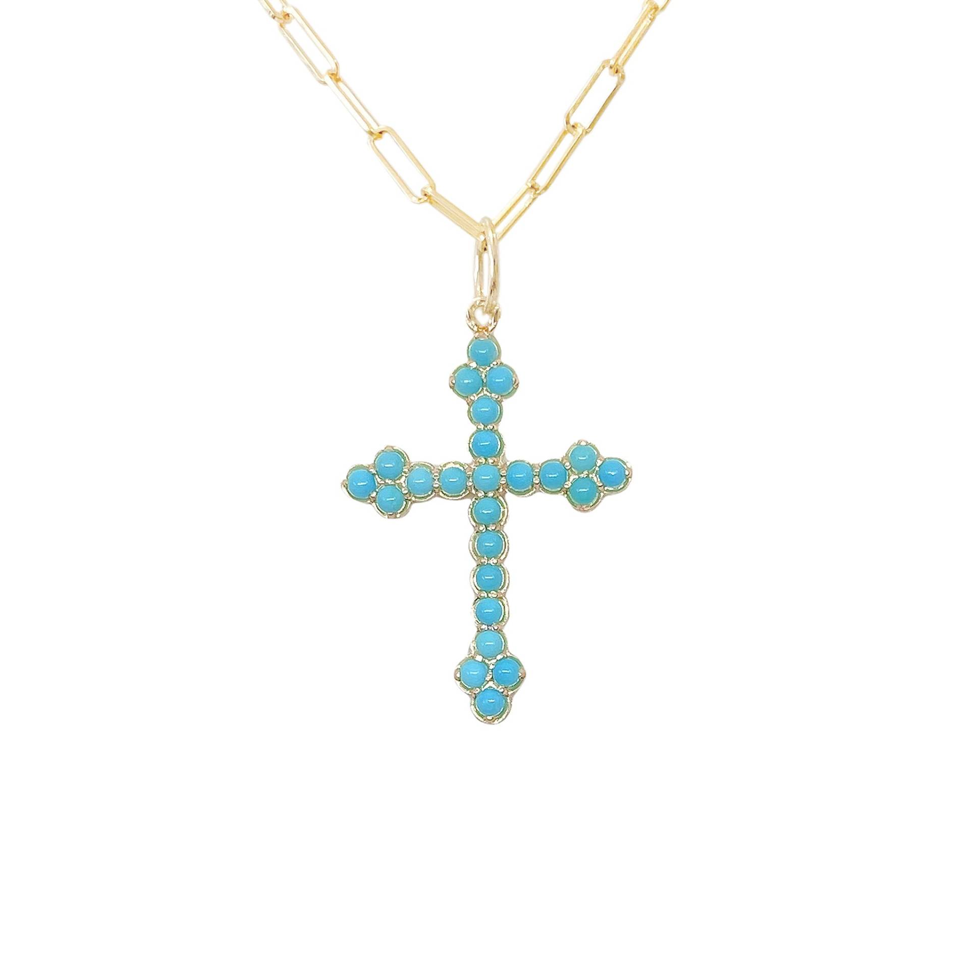 Türkise Kreuz-Charm-Halskette Aus 14-Karätigem Massivgold, Kleine Größe | Echttürkis-Gems-Gothic-Dreifaltigkeitskreuz-Anhänger, Erhältlich Als von NanaBijou