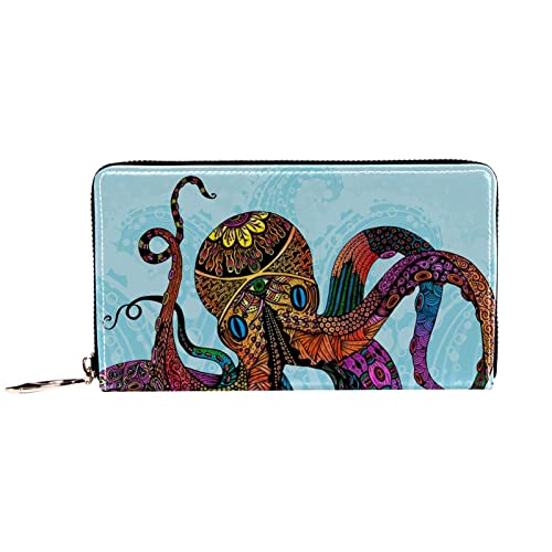 Damen-Geldbörse mit Reißverschluss und Handy-Clutch, buntes Oktopus, Kraken Blue Ocean, Reise-Geldbörse aus Leder, Clutch, Kartenhalter, Organizer, Handgelenke, Geldbörsen von Nananma