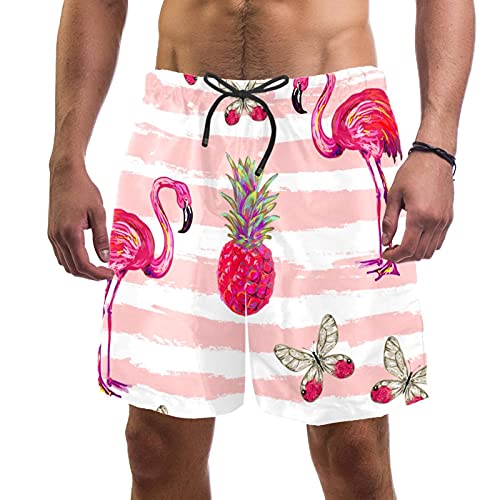 Nananma Pink Ananas Flamingo Stripe Badehose Badeanzug Strand Surfen Shorts für Herren L, mehrfarbig, Large-X-Large von Nananma