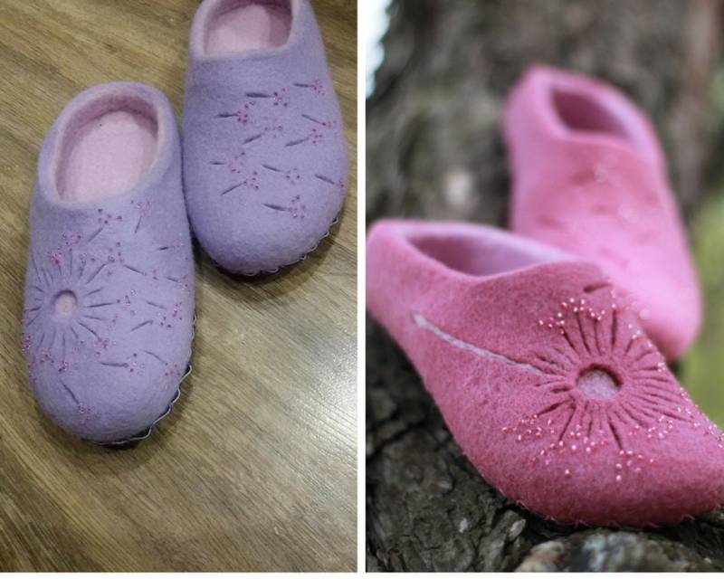 Gefilzte Wolle Rosa Und Lila Hausschuhe Mit Blume, Frauen Hausschuhe, Winterstiefel Bio Clogs 50. Geburtstag Geschenk Filz von Nanasmit24