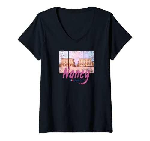 Damen Nancy Grand Est Frankreich Retro Sonnenuntergang Vintage T-Shirt mit V-Ausschnitt von Nancy Grand Est Frankreich Retro Sonnenuntergang