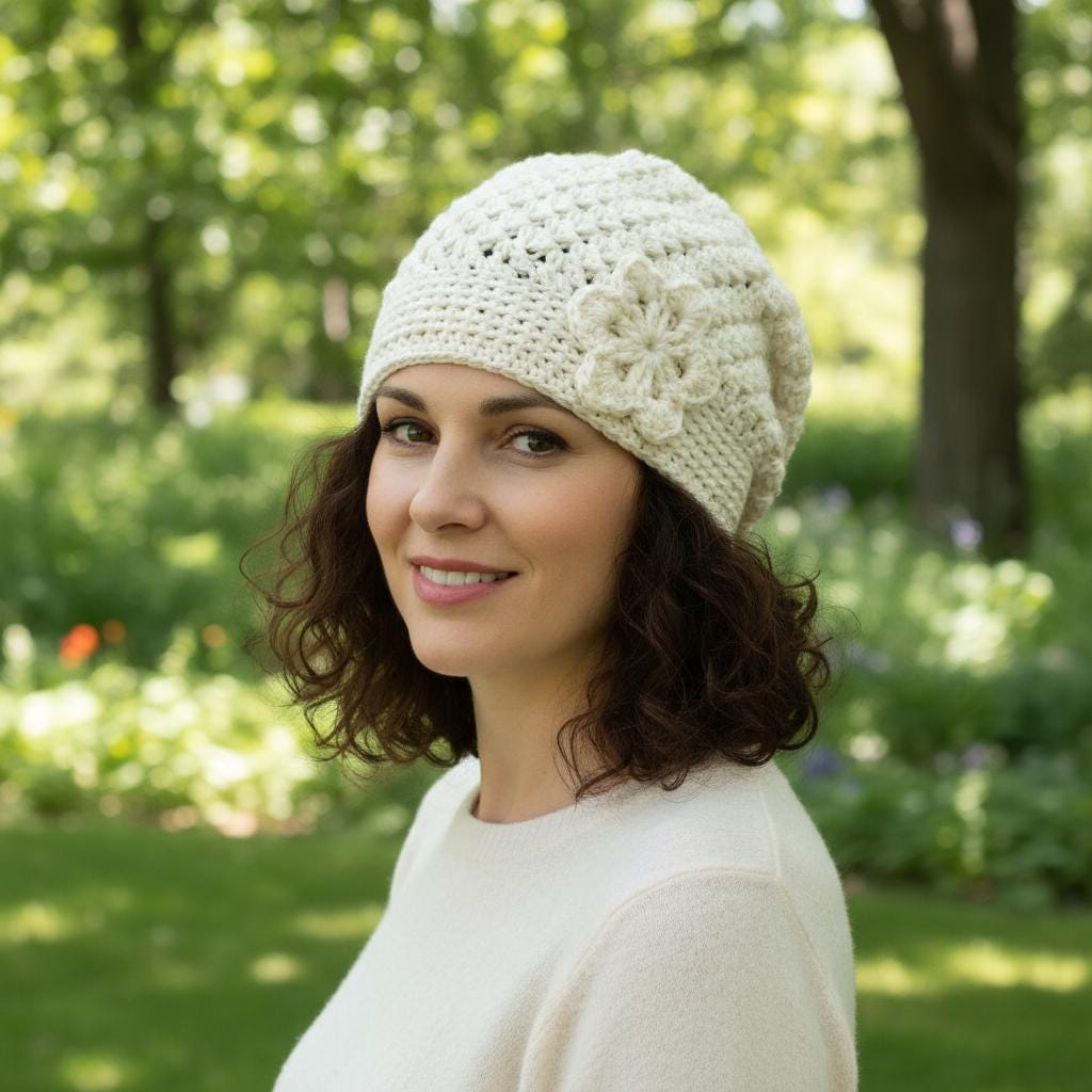 Gehäkelte Baskenmütze Aus Baumwolle Mit Blume Chemo Beanie von NancyHuberCreations