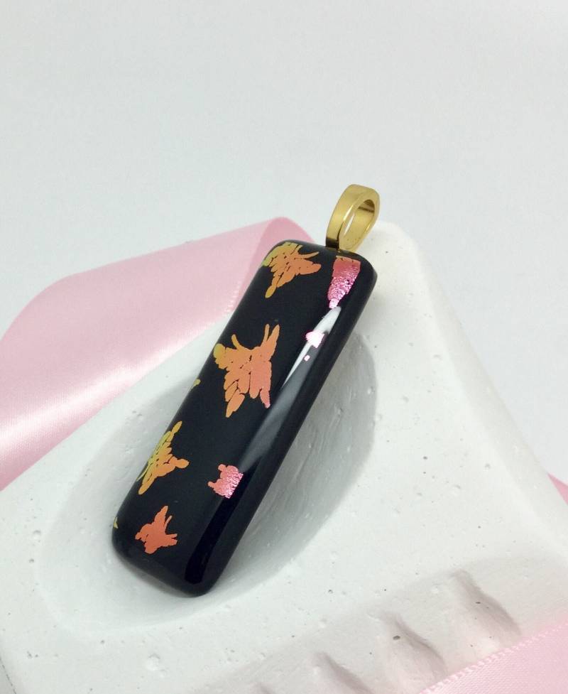 Handgefertigte Dichroic Glas Schmetterling Anhänger Lange Schwarz & Rose Gold Schmuck Handgefertigte Dichroic Glas Schmetterling Anhänger Lange Schwarz & Rose Gold Schmuck von NancyLathropDesigns