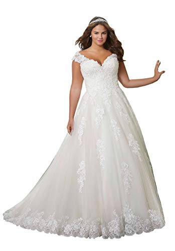 Nanger Damen A Linie Hochzeitskleider Übergröße Lang mit Appliques Brautkleider Große Größe Weiß 50 von Nanger