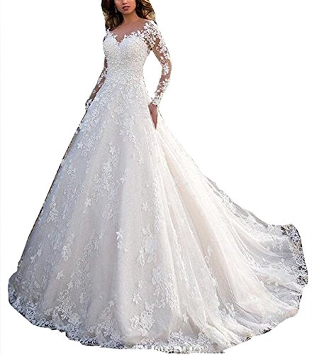 Nanger Damen A Linie Prinzessin Spitze Hochzeitskleider mit Lang Ärmel Brautkleider 2018 Elfenbein 38 von Nanger