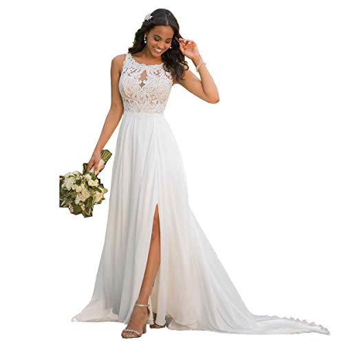 Nanger Damen Hochzeitskleider Standesamt Lang mit Schlitz Spitze Chiffon Brautkleider Strand Elfenbein 50 von nanger