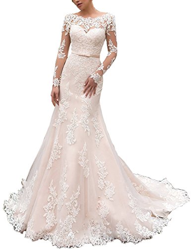 Nanger Damen Lange Ärmel Hochzeitskleider Meerjungfrau mit Applikationen Brautkleider Weiß 36 von Nanger