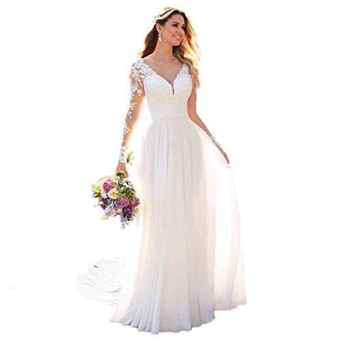 Nanger Damen V-Ausschnitt Hochzeitskleider Lang Ärmel Spitze Chiffon Boho Brautkleider Elfenbein 38 von nanger