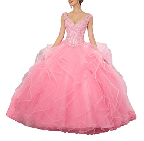 Nanger Damen V-Ausschnitt Spitze Quinceanera Kleider Prinzessin A Linie Tüll Ballkleider Lang Sweet 16 Dress Rosa 40 von Nanger