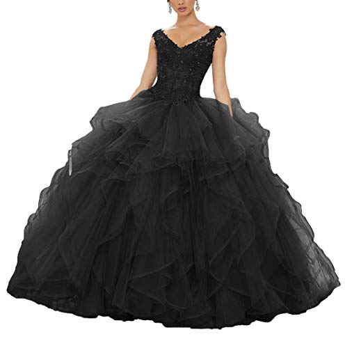 Nanger Damen V-Ausschnitt Spitze Quinceanera Kleider Prinzessin A Linie Tüll Ballkleider Lang Sweet 16 Dress Schwarz 52 von Nanger