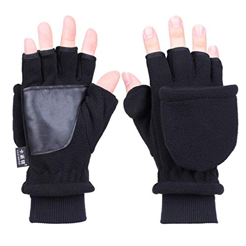 Nankod Damen Herren Winter Polar-Fleece-Halbfinger-Handschuhe, doppelschichtig, dicker Touchscreen, fingerlos, umwandelbare Fäustlinge mit Bezug a von Nankod