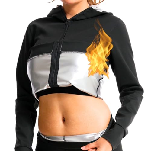 Sauna Jacke Tops Kapuze Saunaanzüge Sportjacke Schweißfördernde Abnehmen Reißverschlusstaschen Zipper Taschen Langarm Oberteile Frauen Damen von Nano Hertz