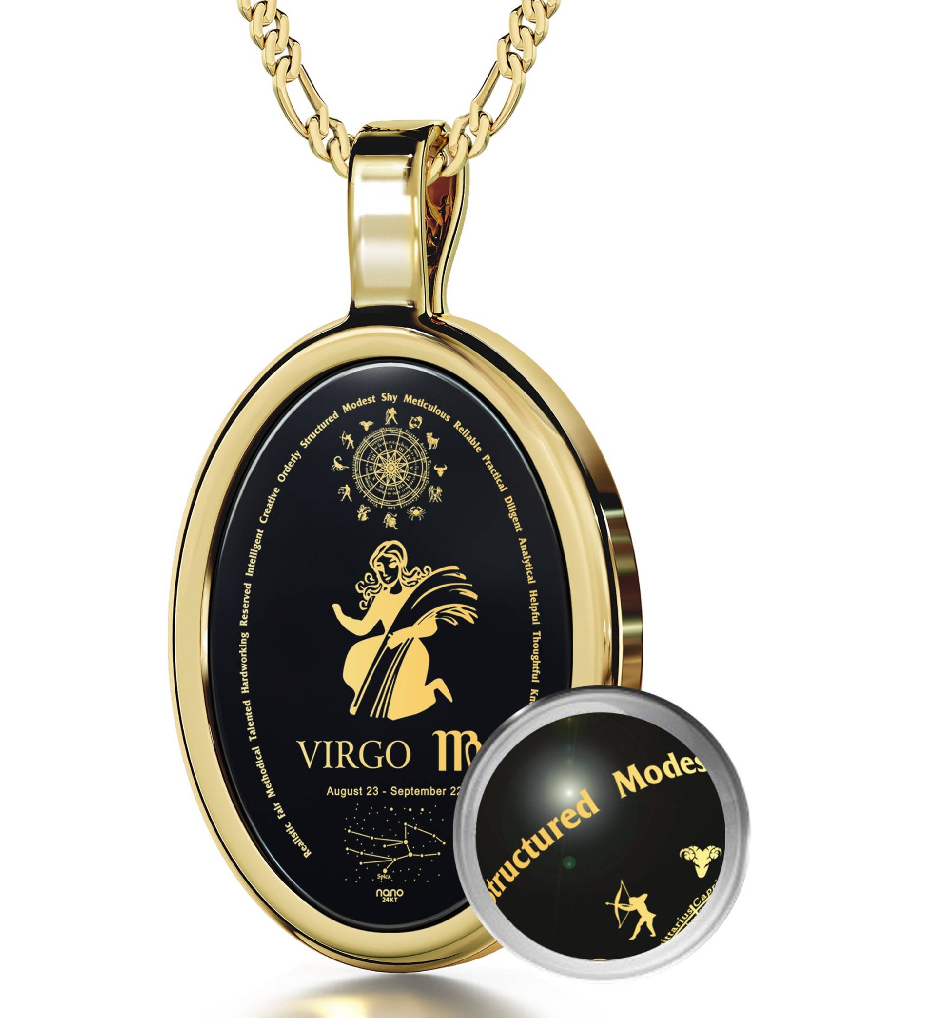 sternzeichen-Anhänger-Jungfrau-Halskette Eingeschrieben in 24 Karat Gold Auf Onyx-stein 18 "sterling Silber Oder Vergoldete Silberkette sternzeichen-Anhänger-Jungfrau-Halskette Eingeschrieben in 24 Karat Gold Auf Onyx-stein 18 "sterling Silber Oder Vergoldete Silberkette von NanoStyleJewelry