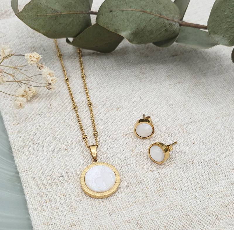 Schmuckset Kette Und Ohrstecker, Gold, Weißer Stein I Schmuckstein Ohrringe Gold Halskette Mit/Polaris Elements von NanoniIndividuell