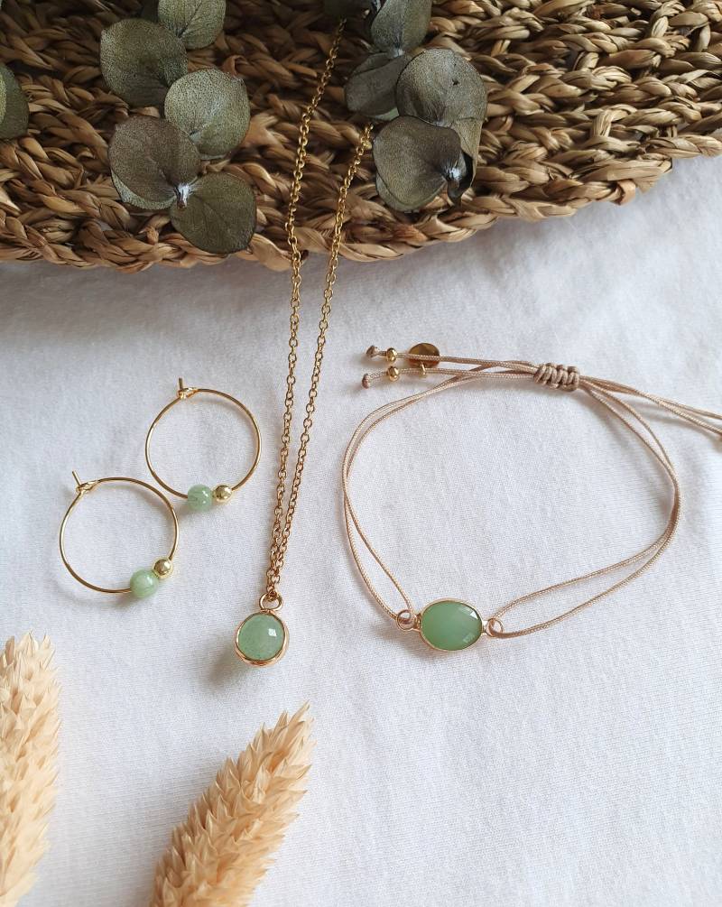 Schmuckset Perlen, Gold, Edelsteinschmuck I Jade Aventurin Ohrringe Armband, Halskette Mit Stein, Creolen, Armband Grün von NanoniIndividuell