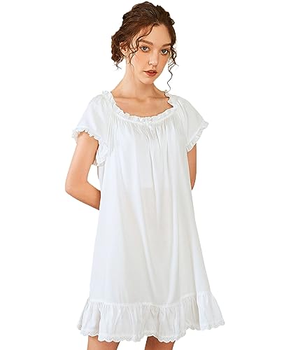 Nanxson Damen Baumwolle Nachthemd Vintage Viktorianisch Nachtwäsche Kurzarm Nachtkleid (L, Weiß) von Nanxson