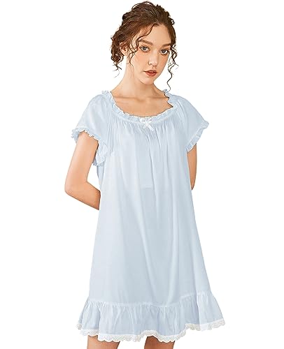 Nanxson Damen Baumwolle Nachthemd Vintage Viktorianisch Nachtwäsche Kurzarm Nachtkleid (M, Blau) von Nanxson