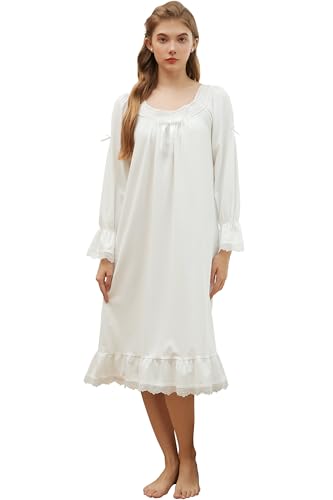 Nanxson Baumwolle Nachtwäsche für Damen Kurzarm/Langarm Nachthemd Vintage Viktorianisch Prinzessin Nachtkleid Spitze Ruffled Schlafanzug (XXL,Langarm Weiß) von Nanxson
