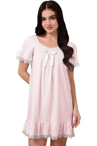 Nanxson Baumwolle Nachtwäsche für Damen Sommer Kurzarm Nachthemd Vintage Viktorianisch Nachtkleid (S,Kurzarm Rosa) von Nanxson