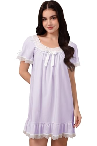 Nanxson Baumwolle Nachtwäsche für Damen Sommer Kurzarm Nachthemd Vintage Viktorianisch Nachtkleid (XXL,Kurzarm Lila) von Nanxson