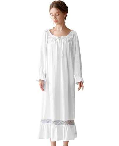 Nanxson Damen Baumwolle Nachthemd Langarm Nachtwäsche Vintage Viktorianisch Nachtkleid Schlafanzug (3XL, Weiß-51) von Nanxson