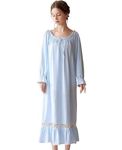 Nanxson Damen Baumwolle Nachthemd Langarm Nachtwäsche Vintage Viktorianisch Nachtkleid Schlafanzug (L, Blau-51) von Nanxson